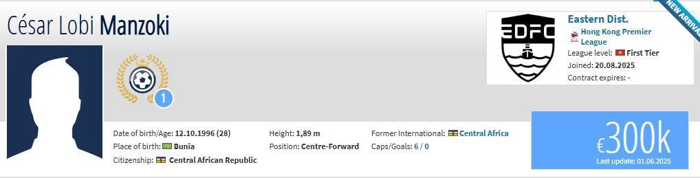 亚博-德转：前大连人外援曼佐基自由身加盟港超升班马东区